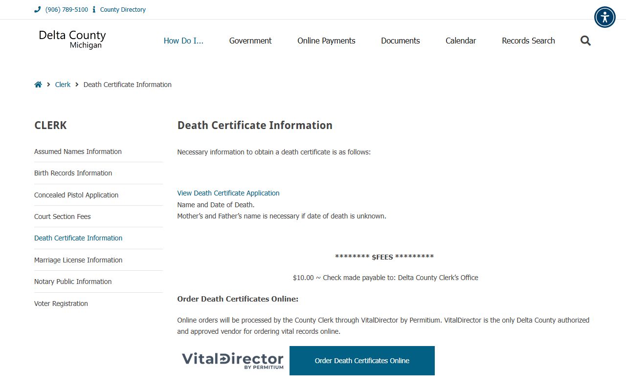 Delta County Clerk death certificate records information