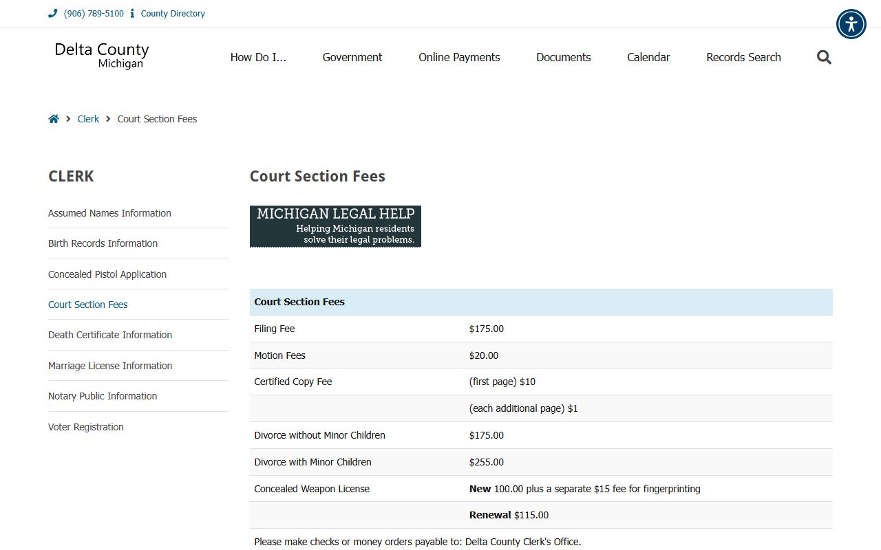 Delta County Clerk court-section fee schedule for records
