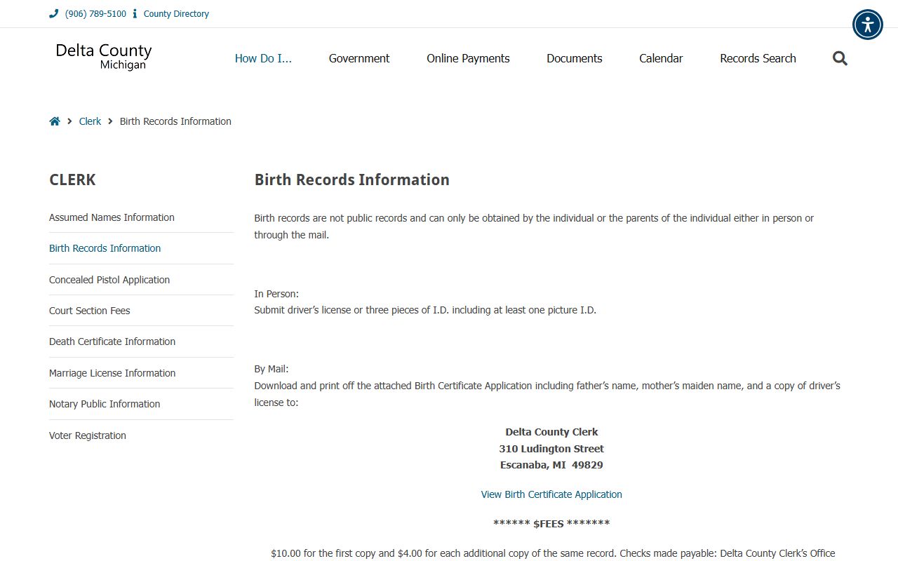 Delta County Clerk birth records access information