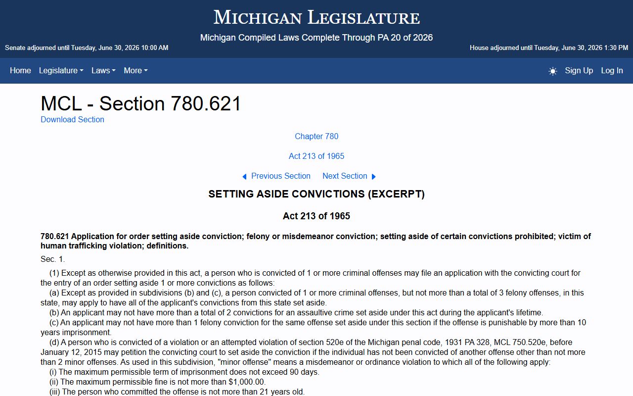 Delta County court records expungement rules under Michigan MCL 780.621