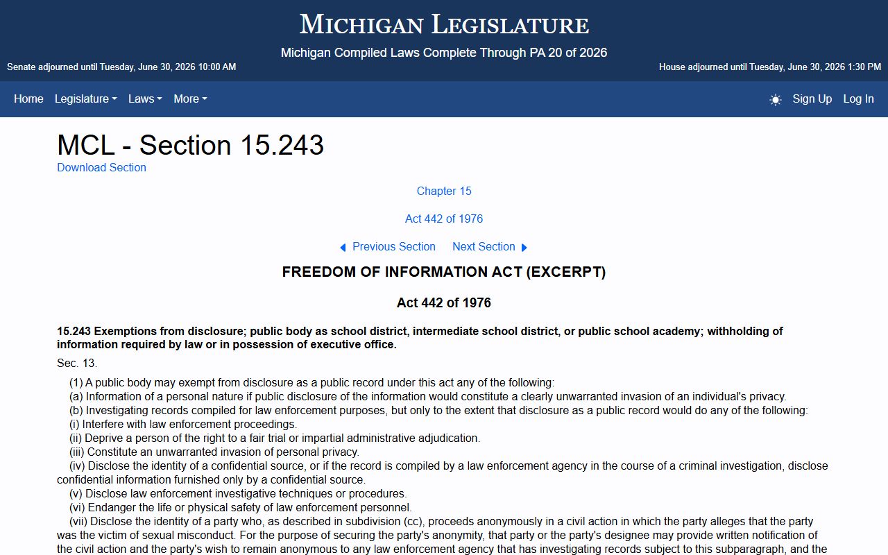 Delta County court records exemptions under Michigan MCL 15.243