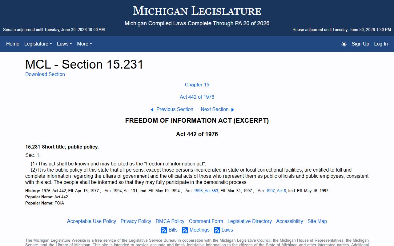 Delta County court records public access policy under Michigan MCL 15.231