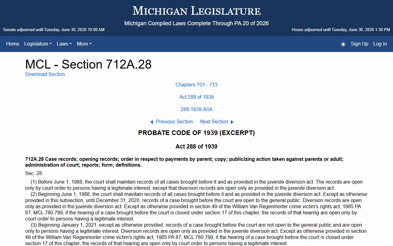 Delta County court records juvenile confidentiality under Michigan MCL 712A.28