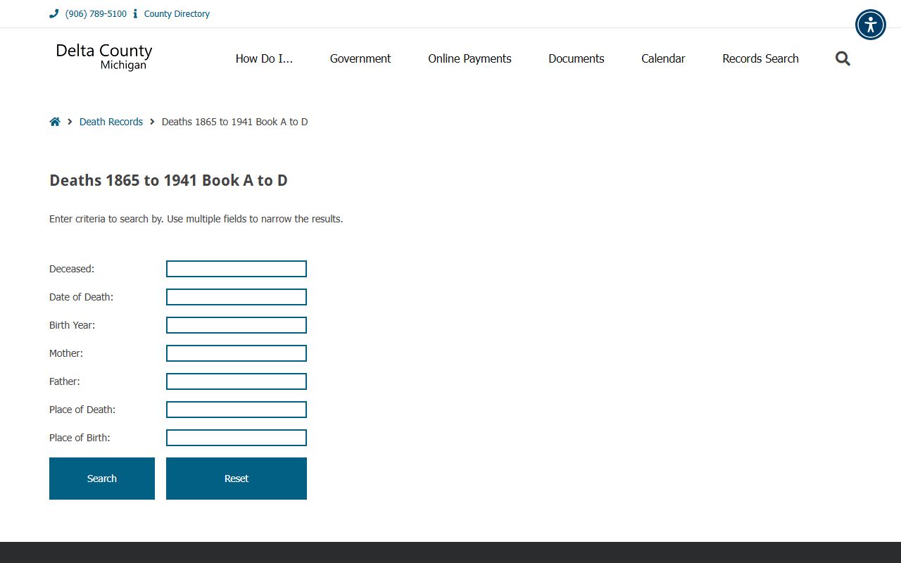 Delta County searchable index screen similar to a court docket search