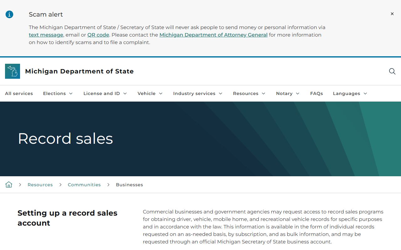 Michigan SOS record sales page for Delta County driver records