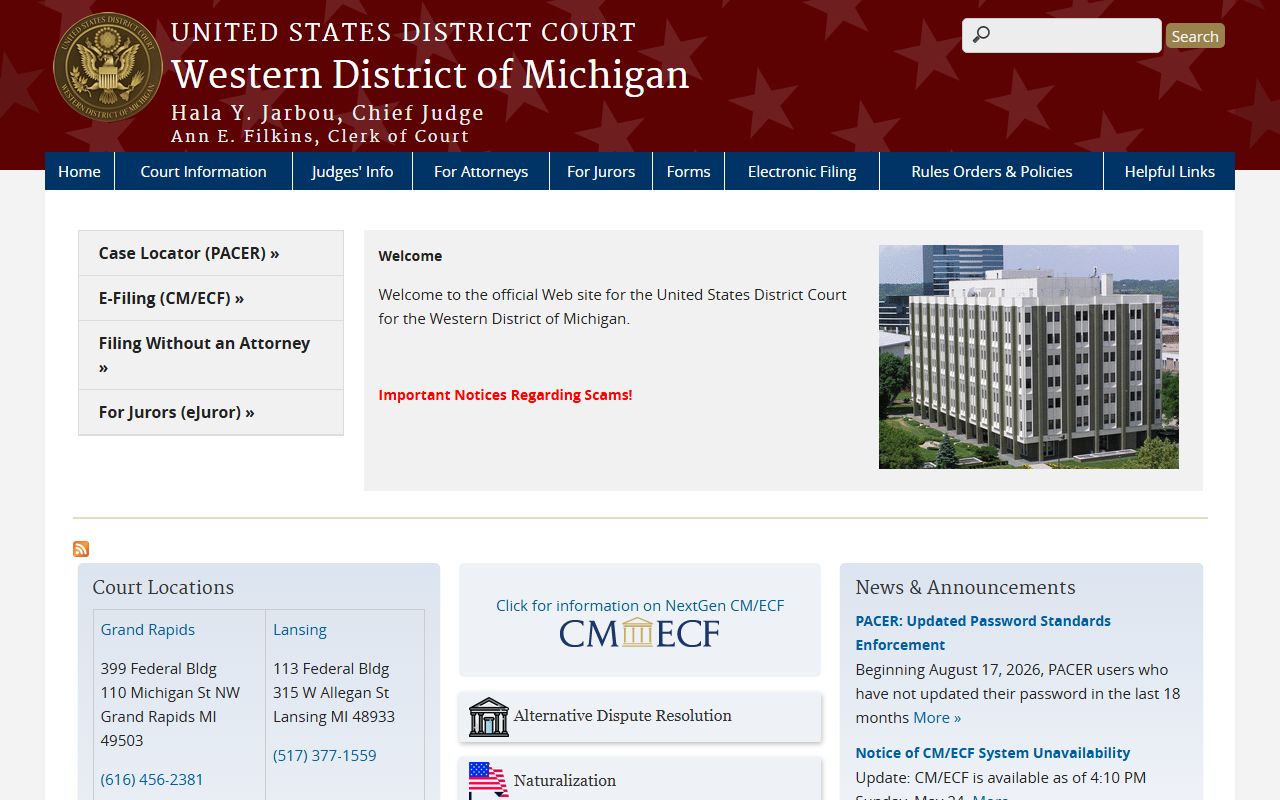 Delta County federal court dockets, Western District of Michigan home page