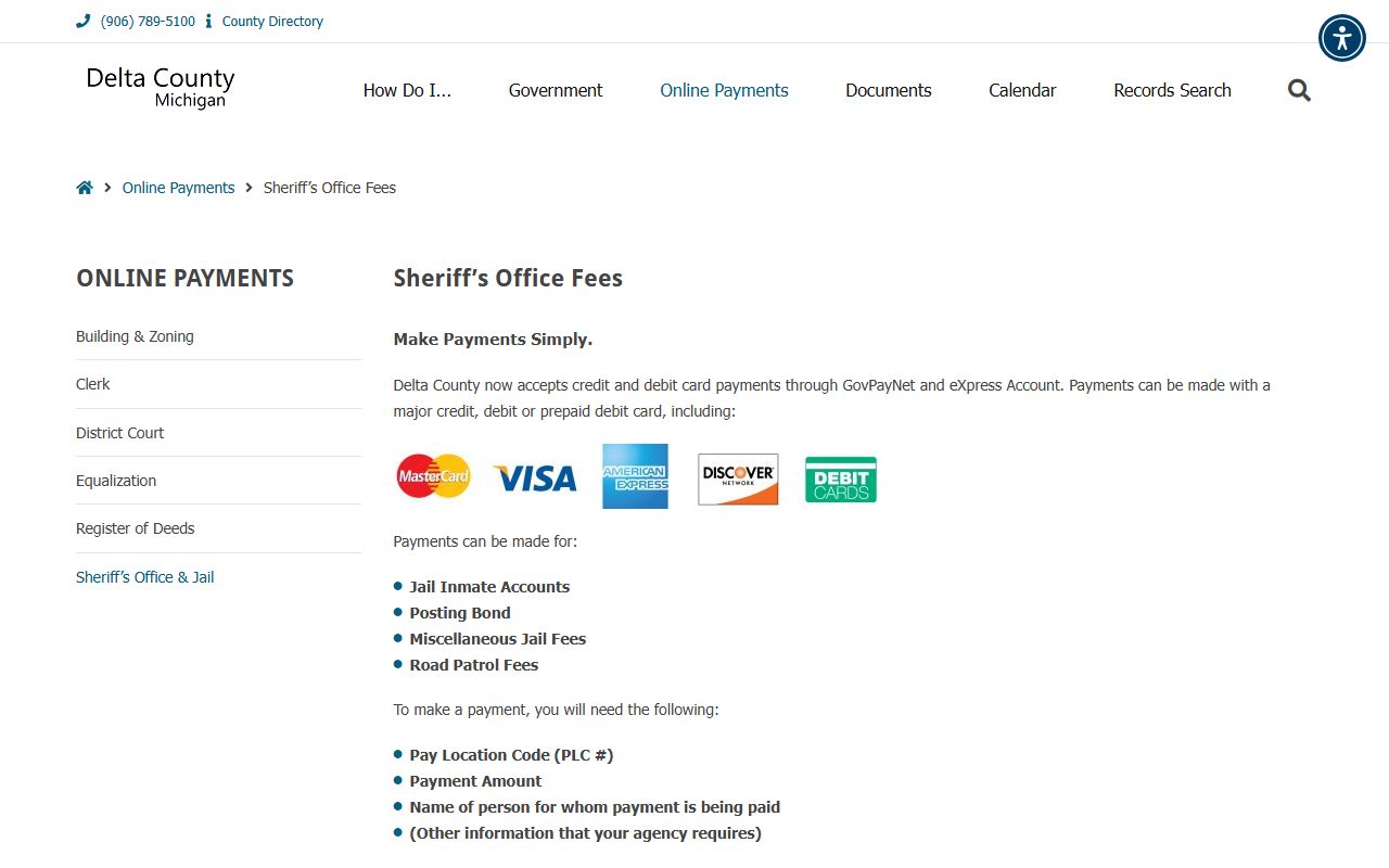 Delta County online jail inmate bill payment records