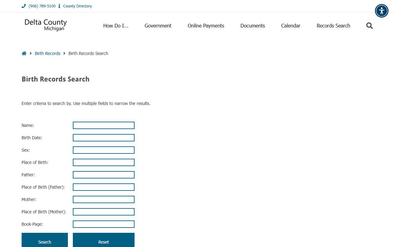 Delta County birth records search fields for vital records lookup