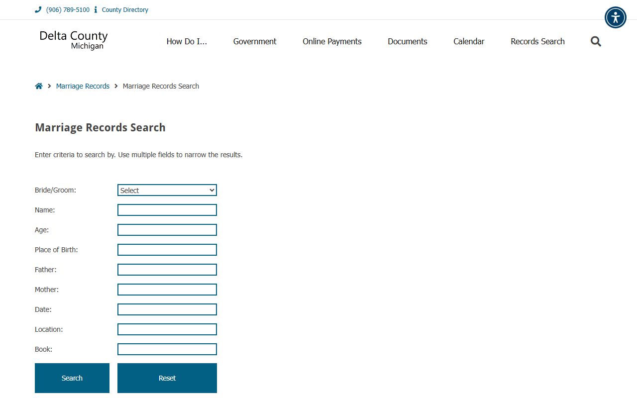 Delta County marriage records search form for vital records