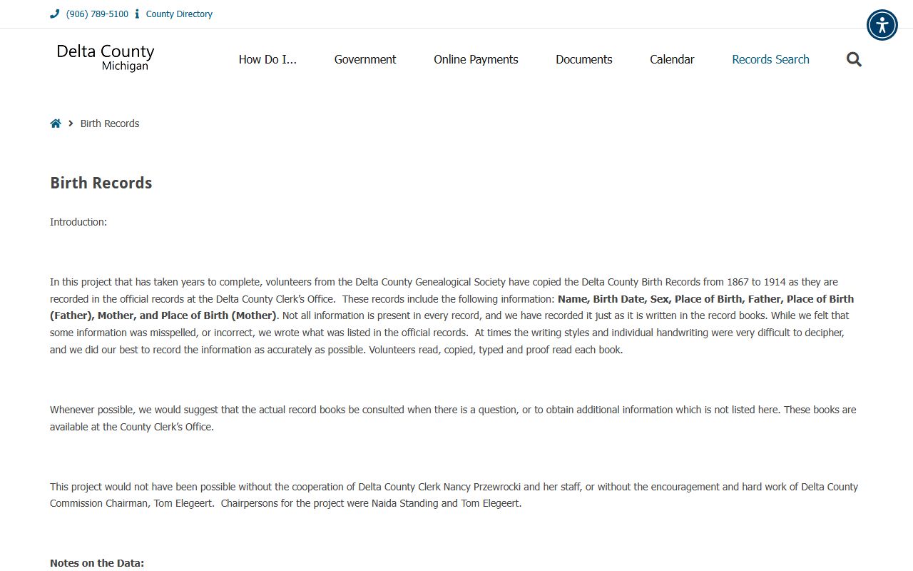 Delta County birth records index within county vital records