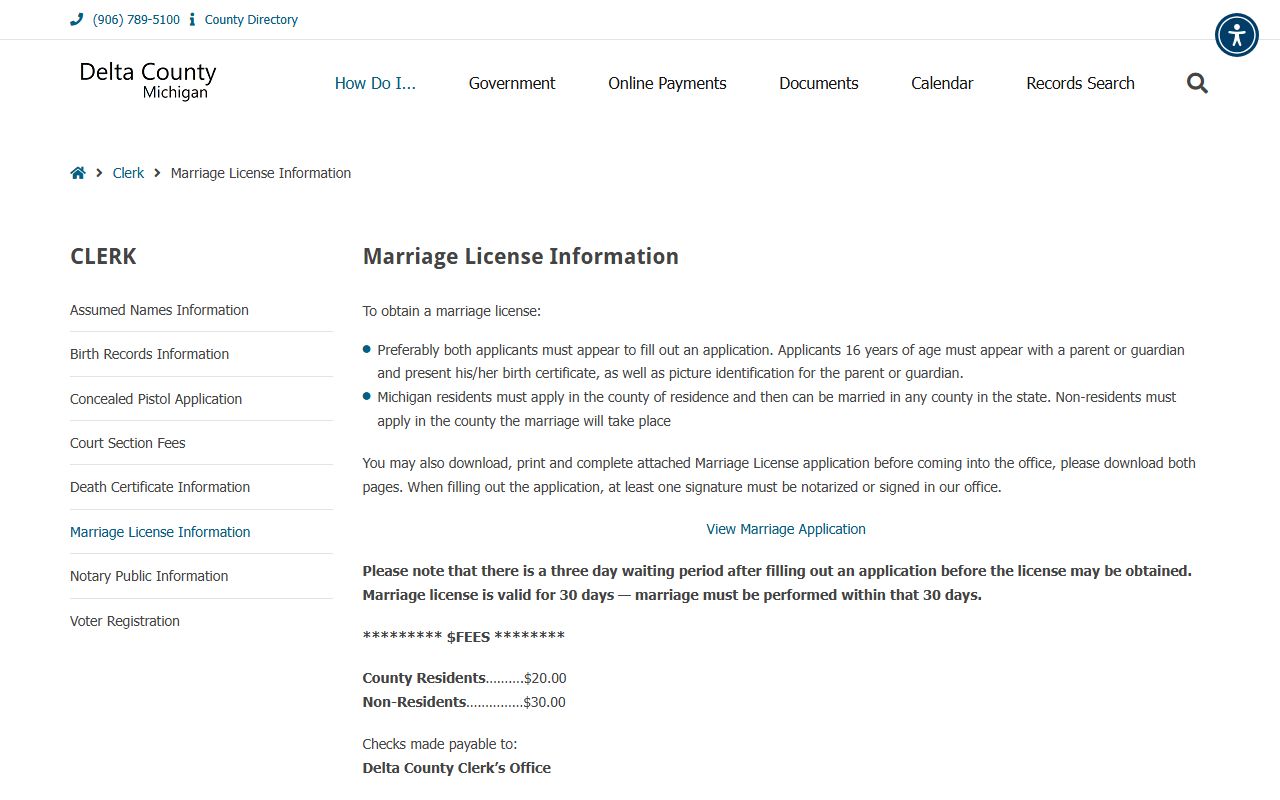 Delta County marriage license information and vital records page