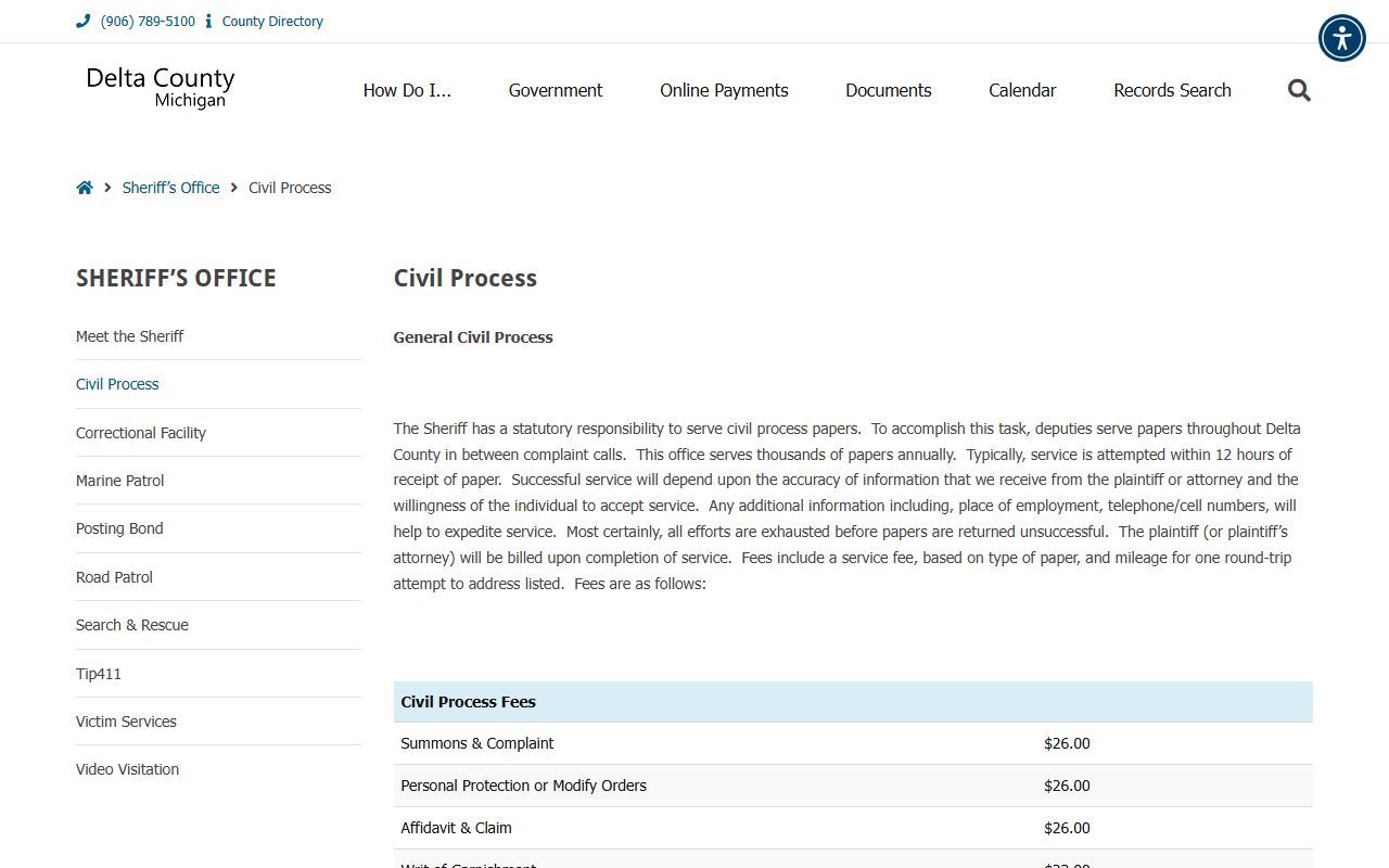 Delta County warrant records and sheriff civil-process page